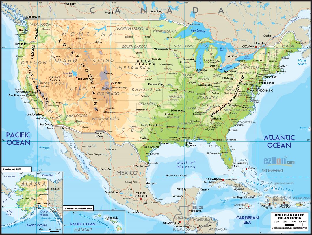 Большая физическая карта Соединенных Штатов Америки с дорогами и крупными городами